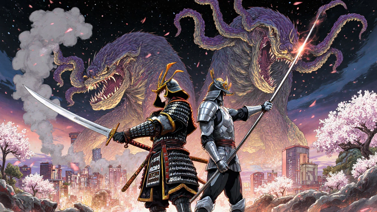 A stylized battle inside the body: ancient and modern antihistamine warriors fighting histamine monsters, with cherry blossoms falling peacefully in the background.