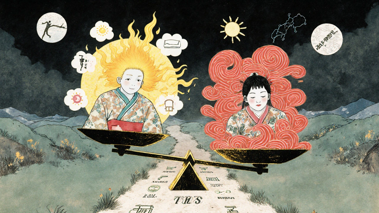 A symbolic scale balancing health and inflammation, with treatment paths in ukiyo-e style.