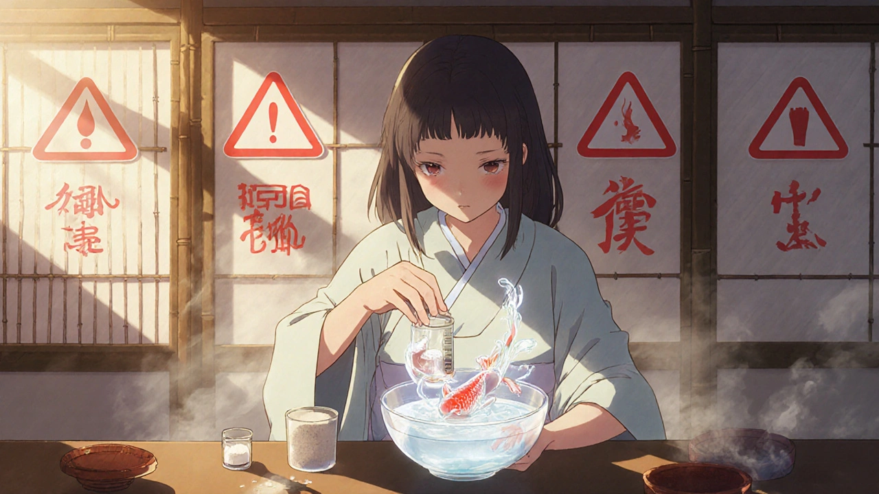 A woman preparing rehydration solution as a koi fish spirit rises from the bowl, with fading medical warning signs dissolving in morning light.