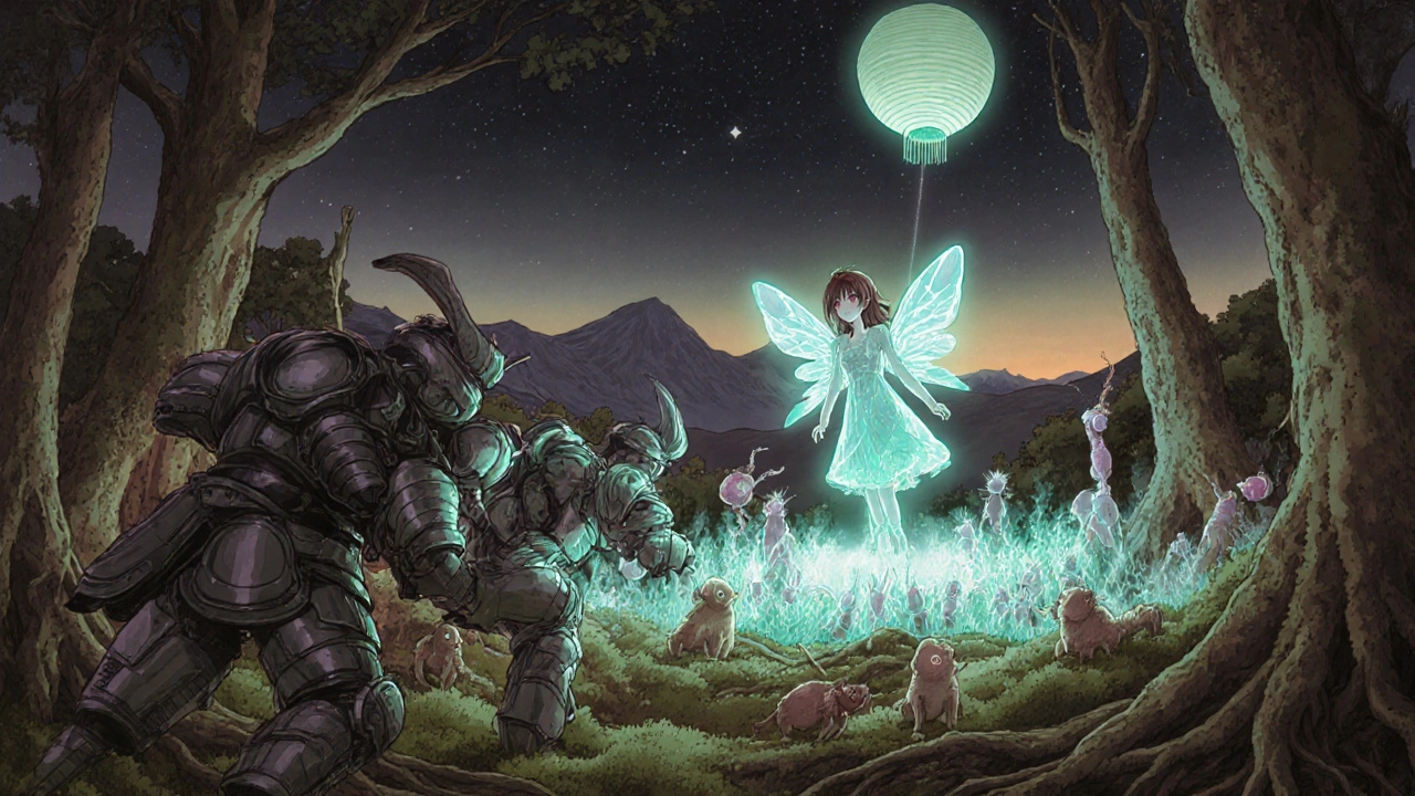 A yeast spirit protects gut microbes from antibiotic warriors in a mystical forest, surrounded by glowing moss and starlit mountains.