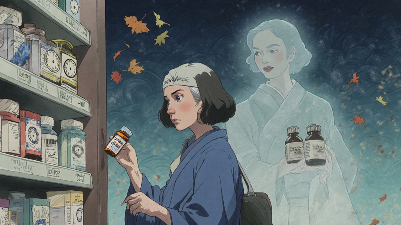 An elderly woman at a pharmacy, torn between an old sleep aid and a modern allergy pill, with fading memories swirling like autumn leaves.