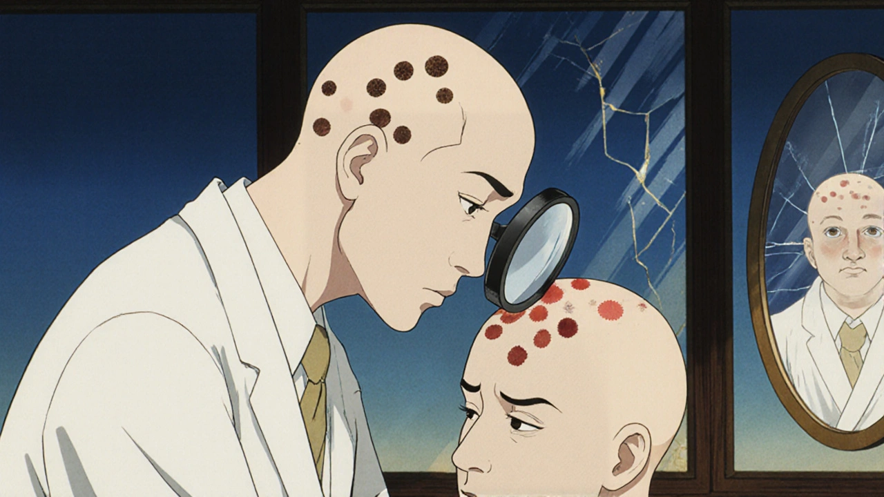 Dermatologist examining bald scalp with magnifying glass, showing dark and red lesions under soft twilight light.