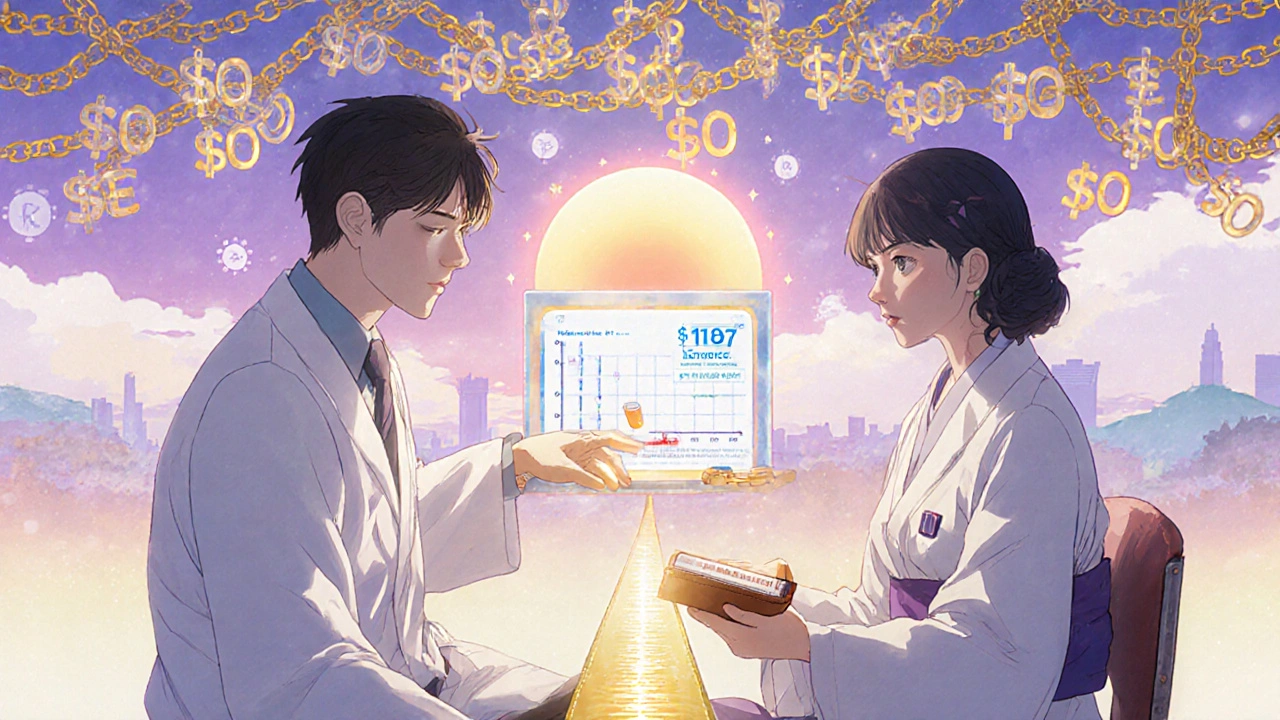 Doctor and patient connected by price chains, glowing generic pill and savings chart in background.