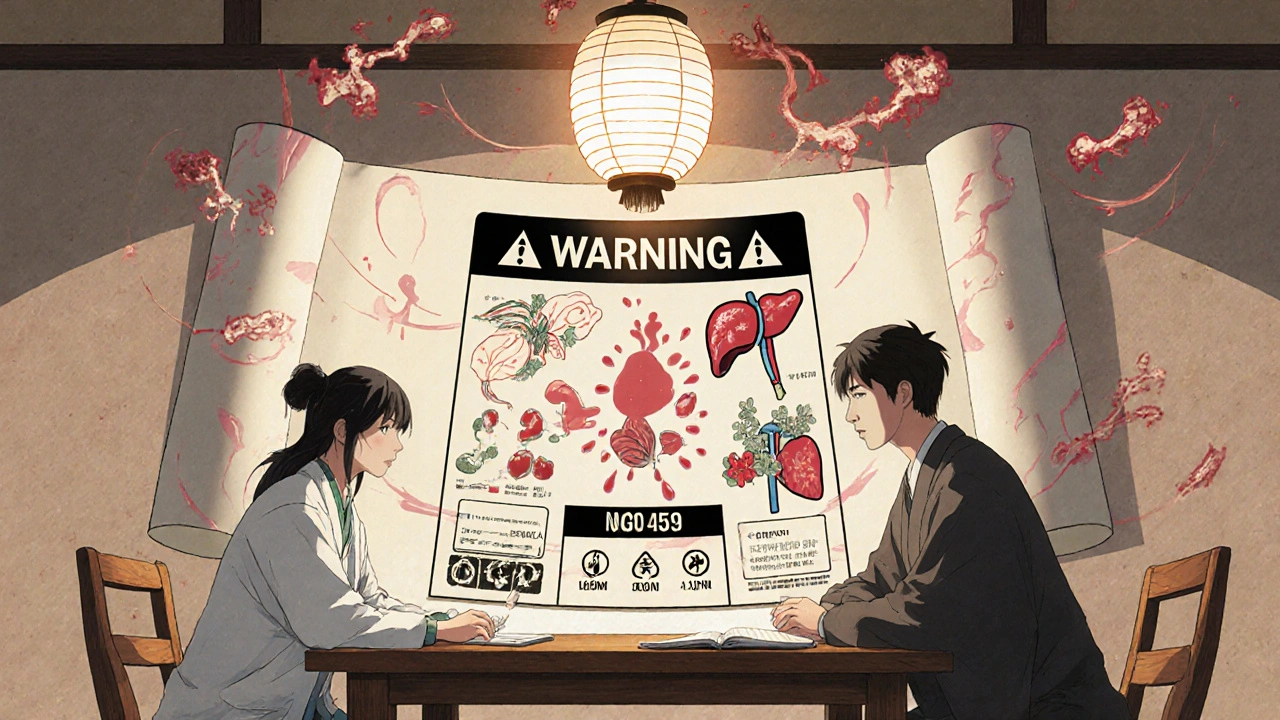 Doctor and patient facing a glowing drug label with pulsing Boxed Warning and medical symbols in traditional anime style.