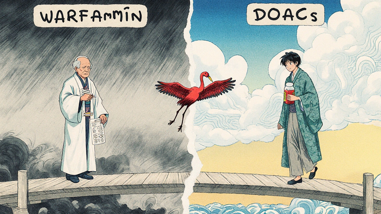 Doctor and patient on a split bridge, contrasting warfarin&#039;s stress with DOACs&#039; freedom, a red crane carrying a pill between them.