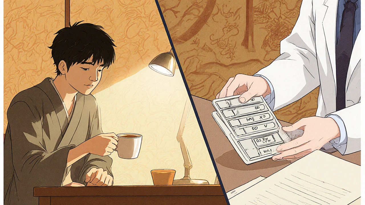 Doctor handing pill organizer to Parkinson’s patient with steady hand.