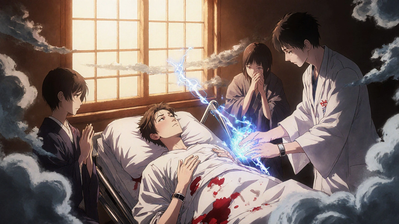 Emergency room scene with patient receiving reversal agent, glowing IV, family member praying, medical bracelet glinting.