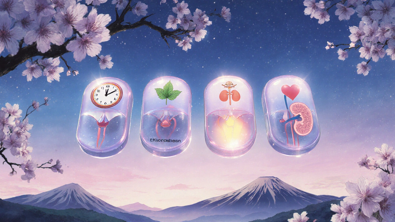 Four elegant medicine tablets floating like cherry blossoms, each representing a DOAC with symbolic emblems.