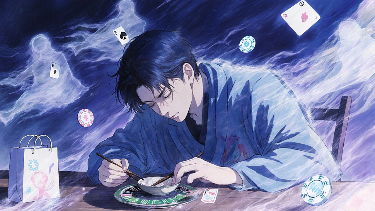 Man asleep at table surrounded by ghostly symbols of compulsive behaviors.