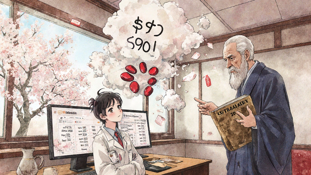 Medical student surrounded by conflicting drug prices, ink clouds of doubt above, outdated formulary book nearby.