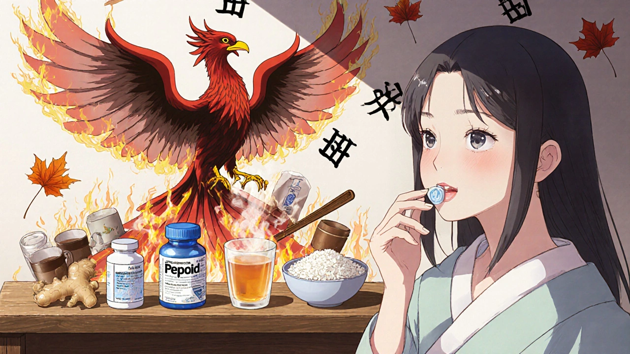 Medicinal symbols on an altar beside tea and gum, pregnant woman smiling as phoenix rises from avoided triggers.