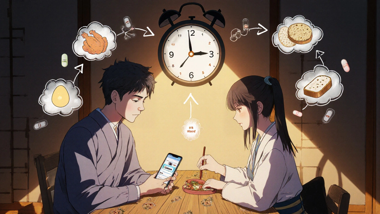 Patient and dietitian reviewing protein intake on phone with floating food icons and clock