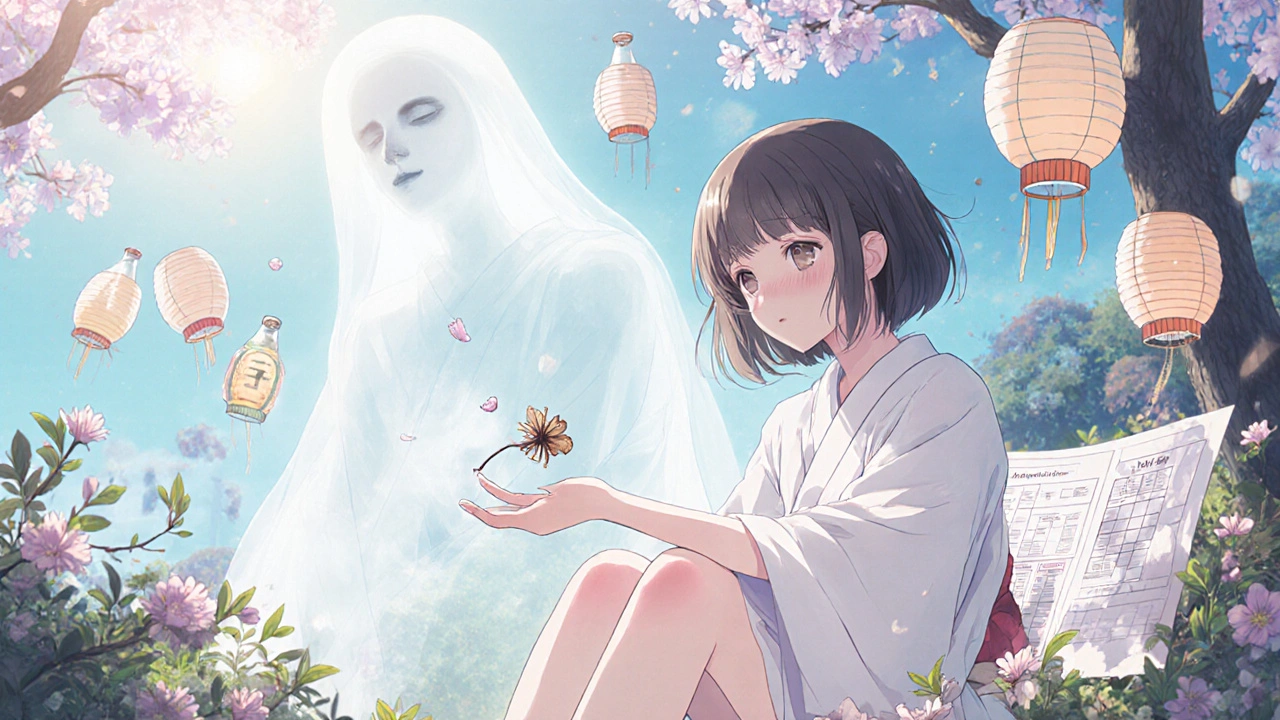 Patient in garden recovering from Cushing’s surgery, fading cortisol ghost, new cherry blossoms symbolizing hope