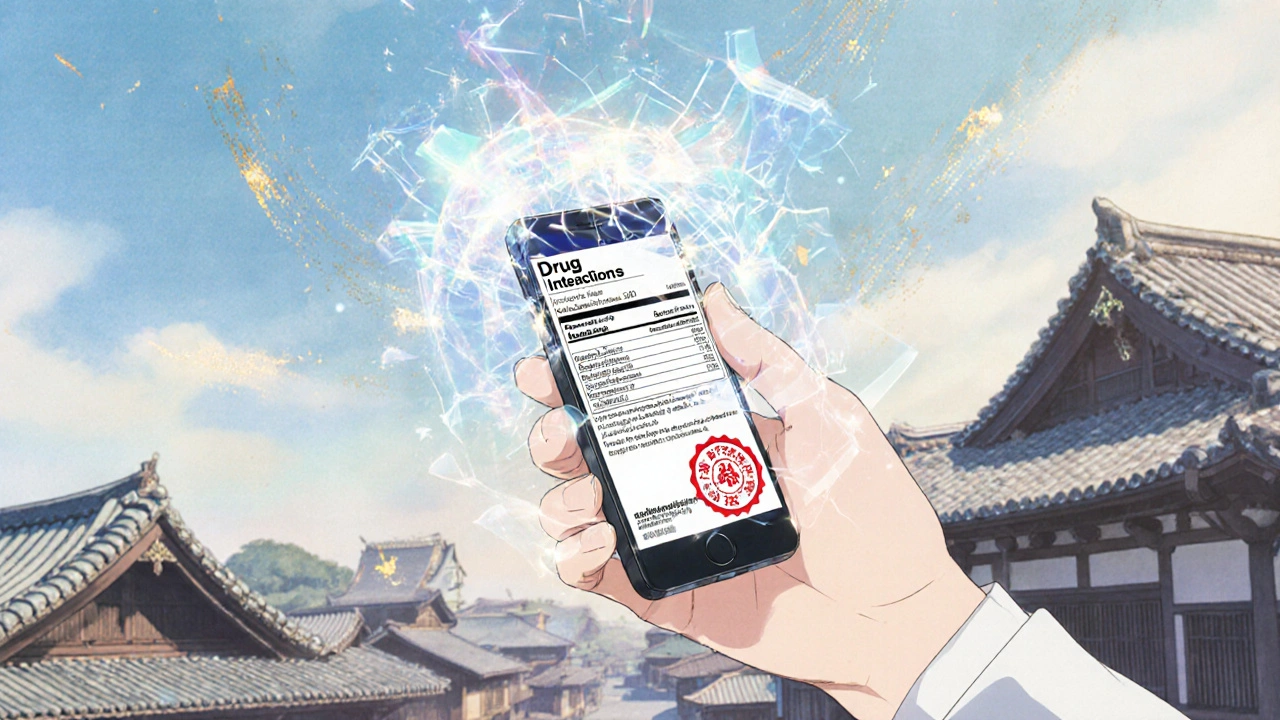 Patient viewing a holographic FDA drug label with interactive sections in a blend of Edo-era and digital scenery.