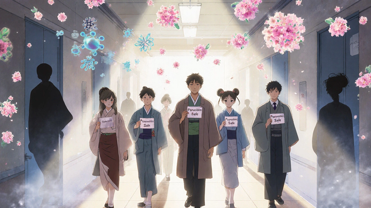 People walk confidently with &#039;Penicillin Safe&#039; cards as antibiotic shadows fade and penicillin blooms like flowers.