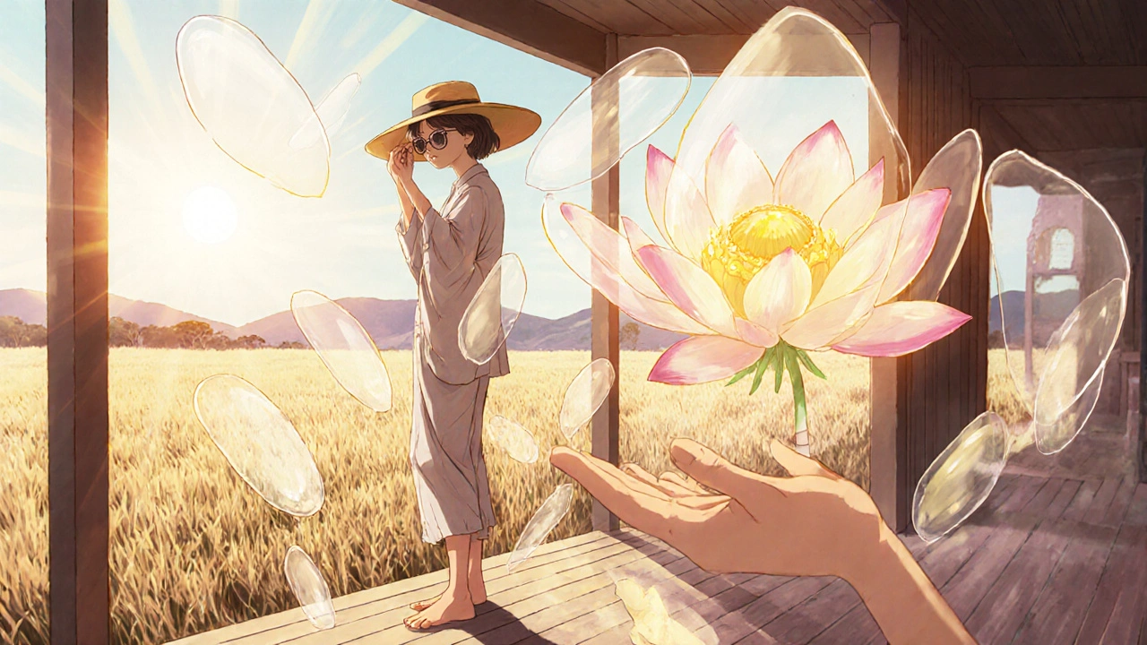 Person applying sunscreen at dawn, UV rays repelled by lotion, lotus bloom glowing in hand as symbol of protection.