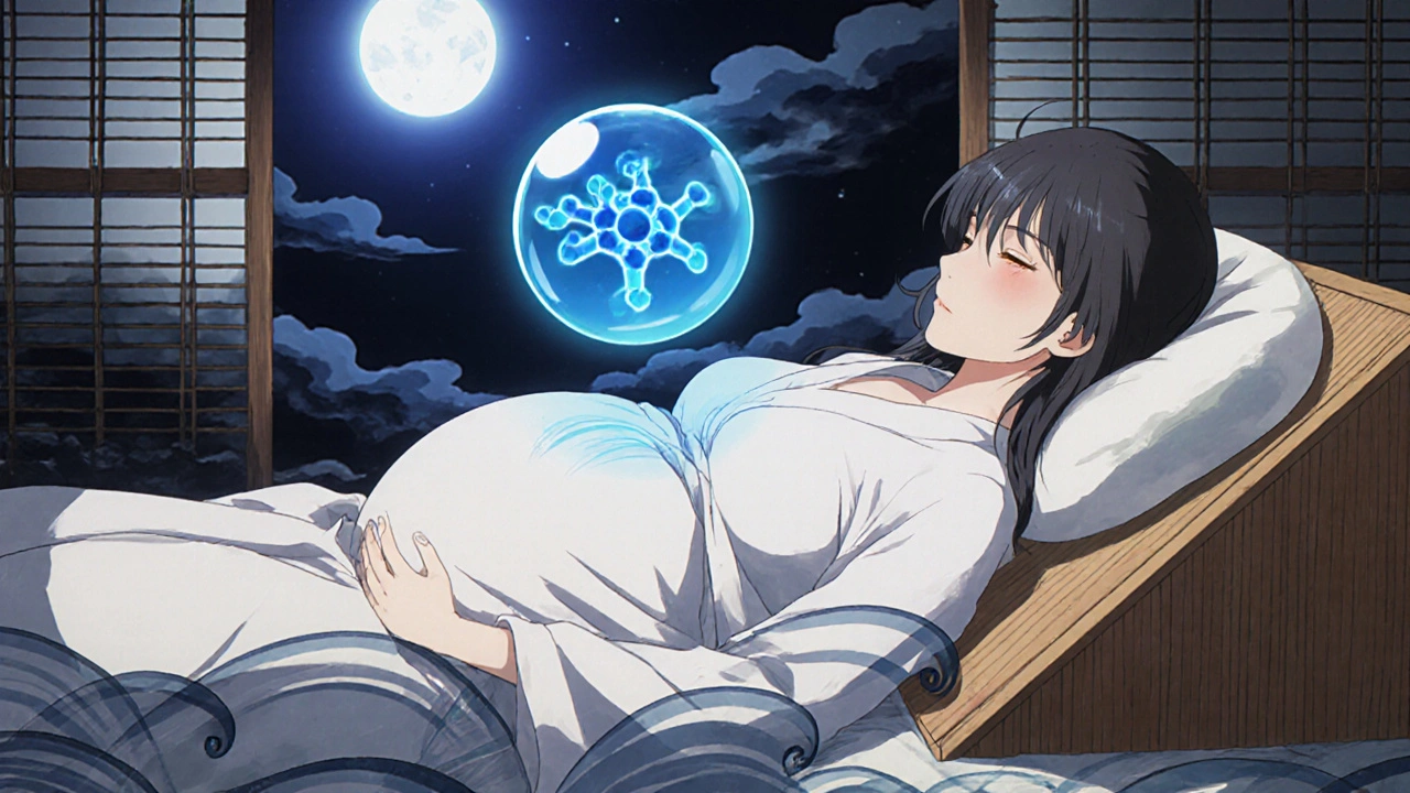 Sleeping pregnant woman with a protective molecule above her, calm night scene with ink-wash waves.