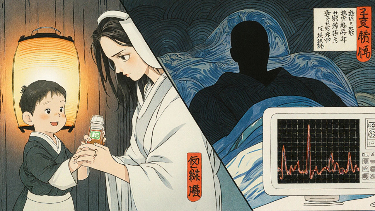 Split scene: a child receiving medicine safely on one side, a hospital patient with dangerous heart monitor spikes on the other.