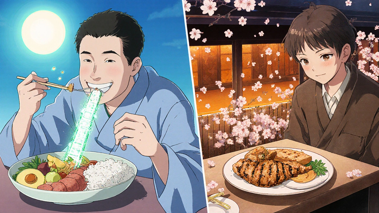 Split scene: low-protein lunch vs high-protein dinner affecting medication flow to brain