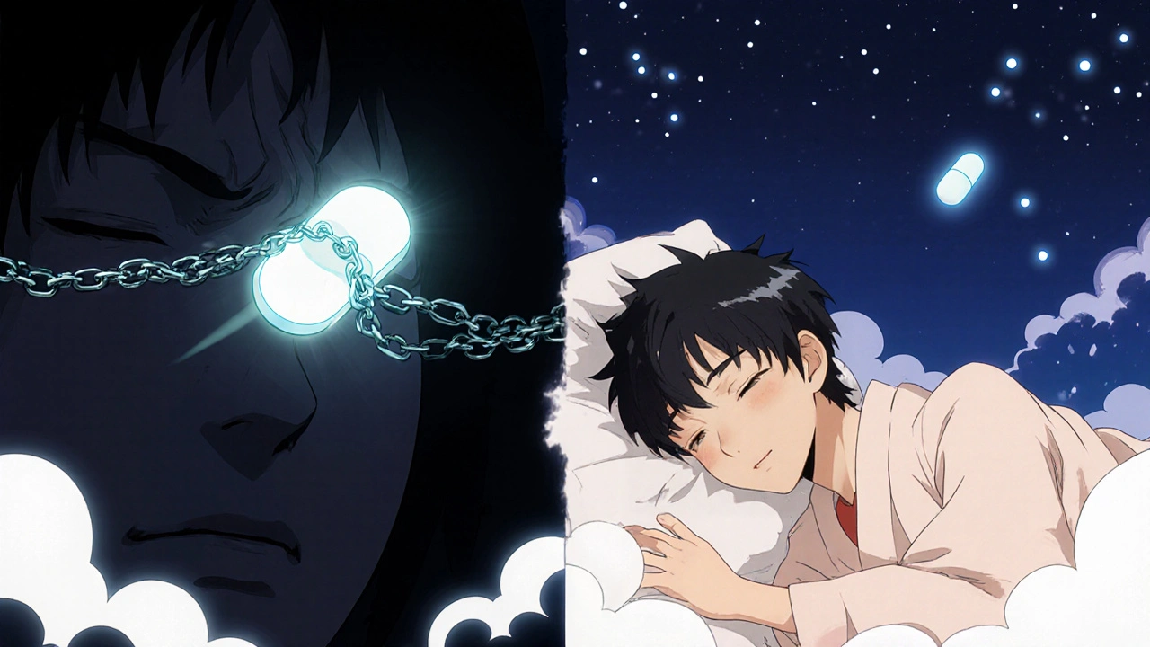 Split scene: magnesium binding to thyroid pill on left, safe glycinate at night on right, ink-wash clouds separating them.