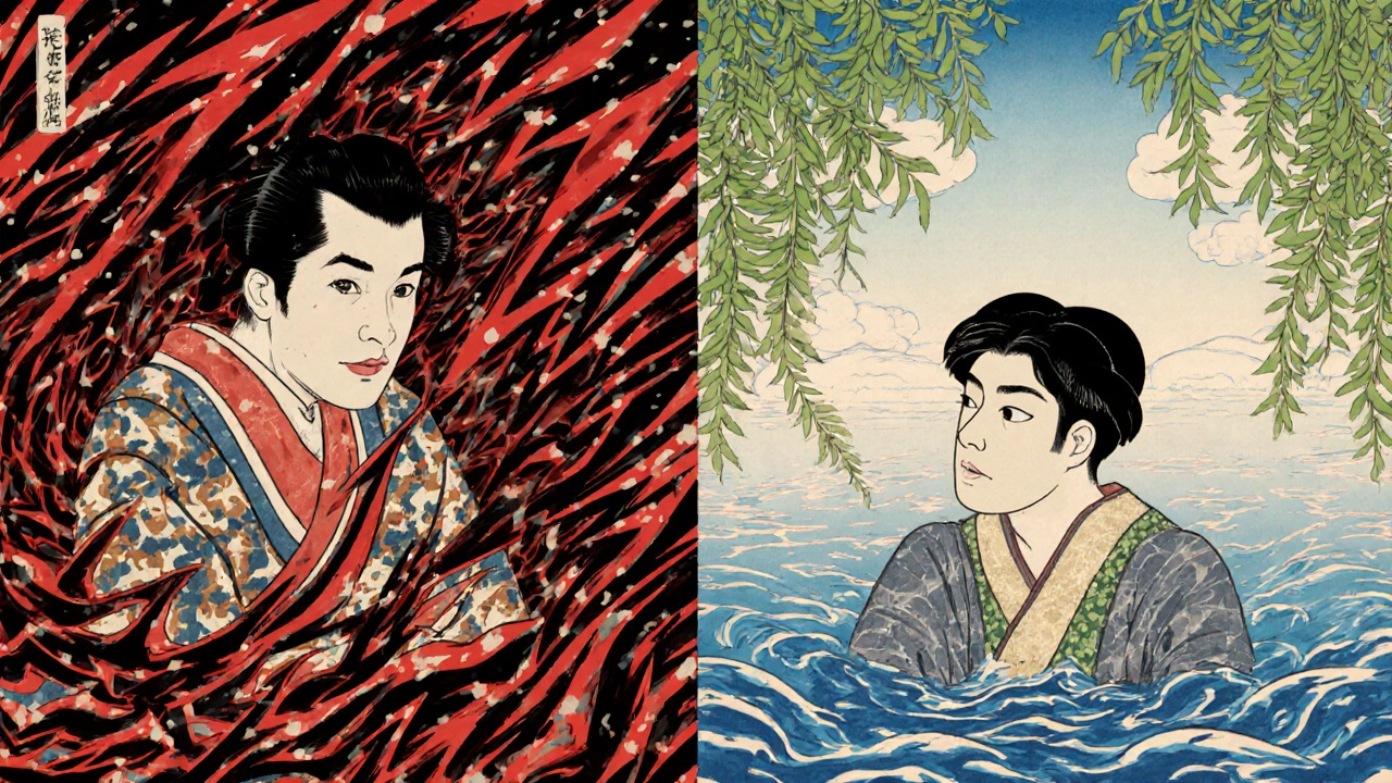 Split scene: one side shows anxiety as stormy lines, the other shows calm with vines and water, symbolizing different medications.