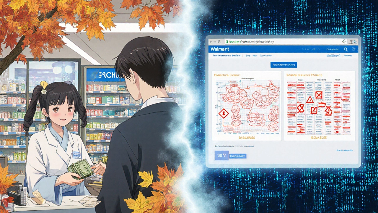 Split scene: one side shows cash payment at Walmart, the other shows confusing insurance portal screens.