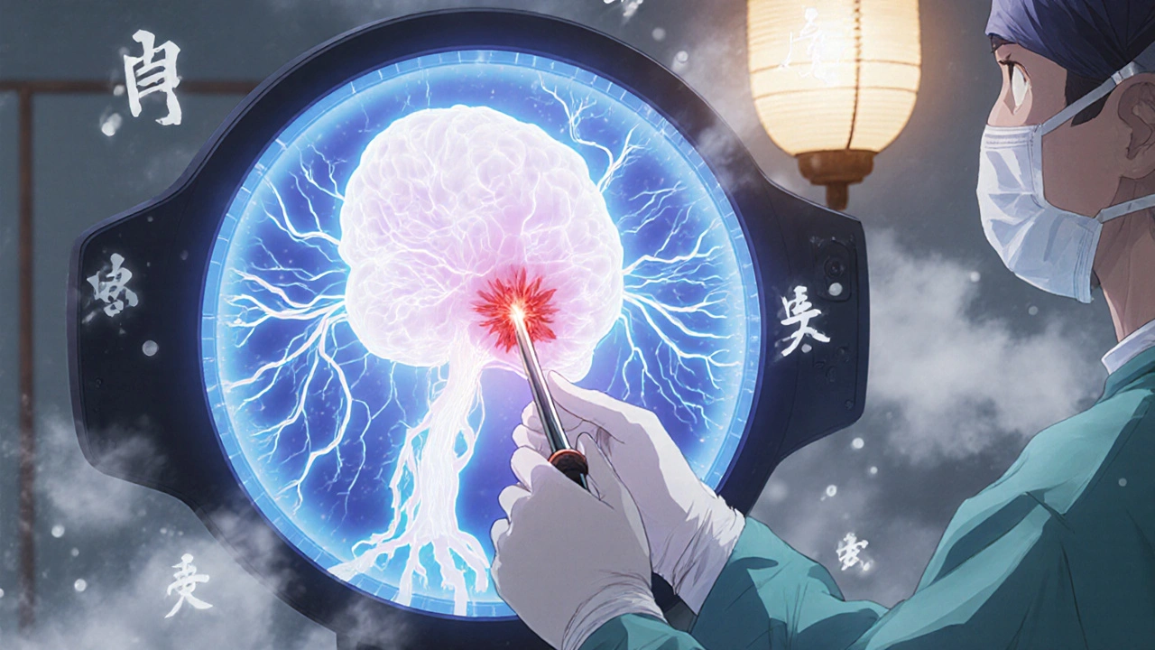 Surgeon performing delicate pituitary surgery with glowing 3D endoscopic view, surgical tools like samurai blades