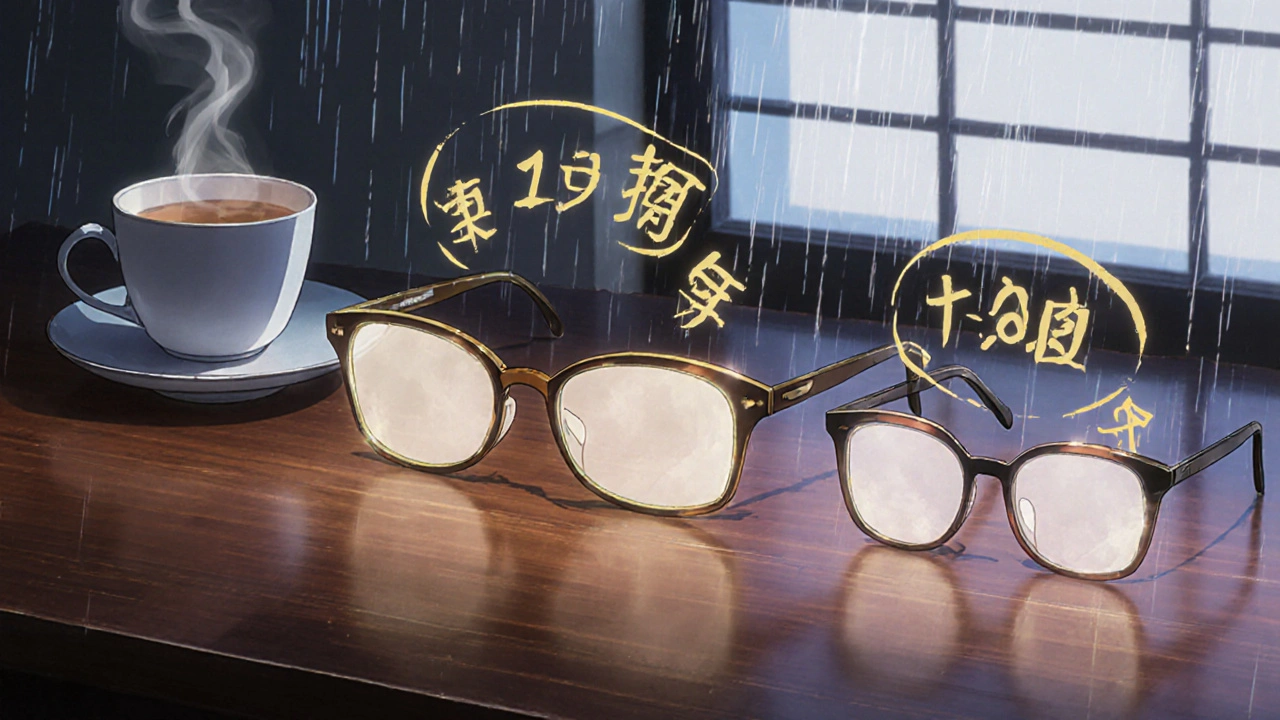 Three types of reading glasses on a wooden table, glowing diopter numbers floating like calligraphy around them.