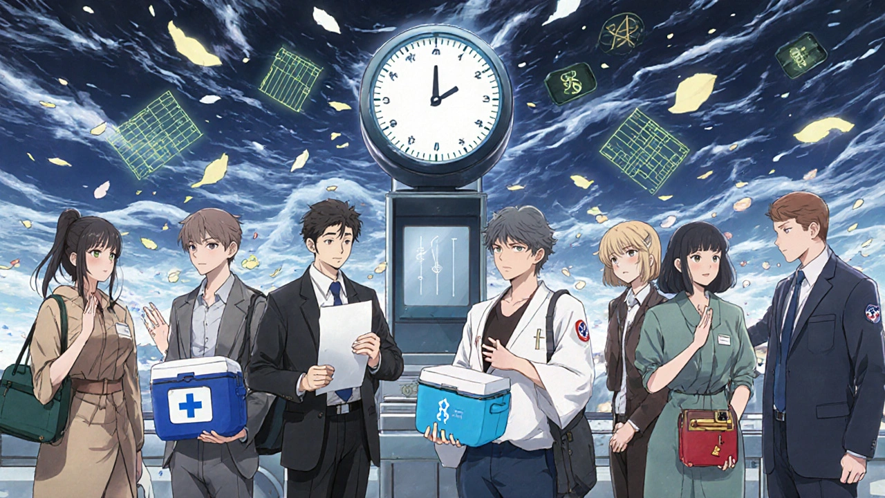 Travelers at airport security with medical coolers, a pharmacist&#039;s letter glowing as TSA agents approve their bags.