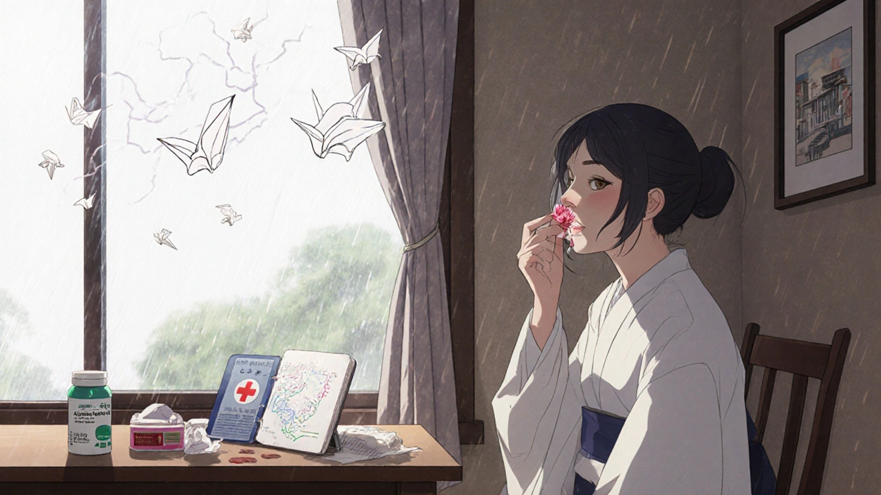 Woman treating minor nosebleed at home, gauze and acetaminophen on table, rain outside, ink patterns like cranes.