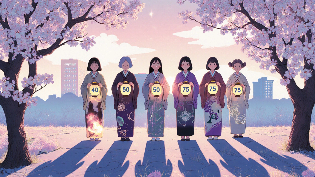 Women of different ages holding lanterns marked with screening ages, standing under blooming plum blossoms.