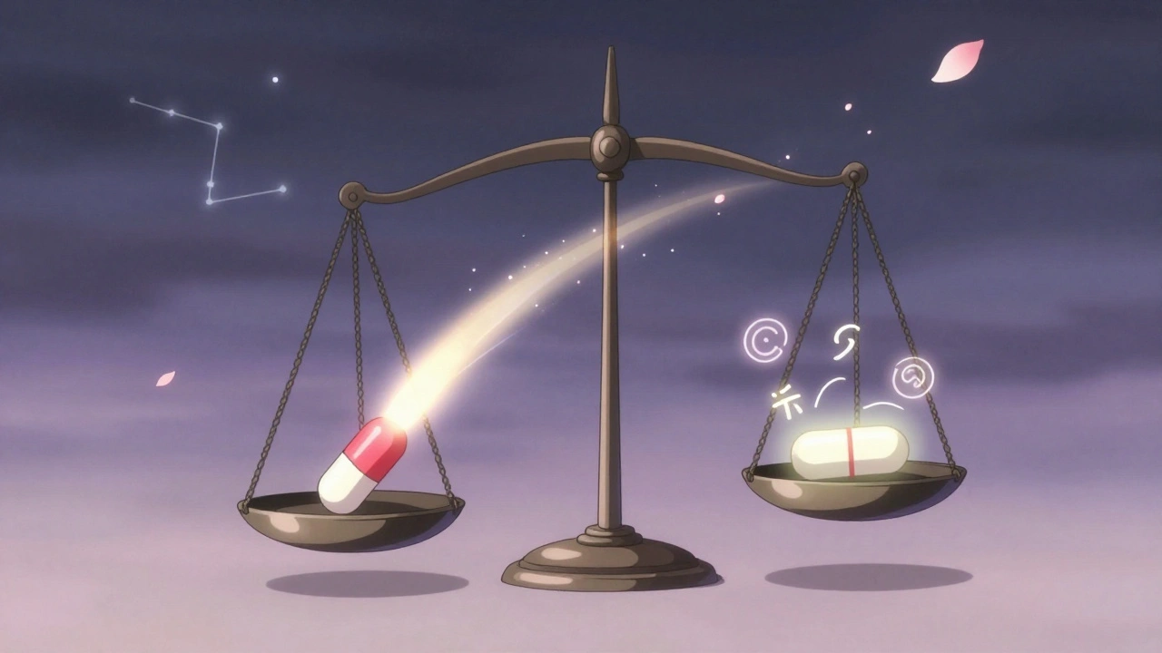 A balance scale with fluoxetine and escitalopram pills, surrounded by symbols of withdrawal and serotonin waves.
