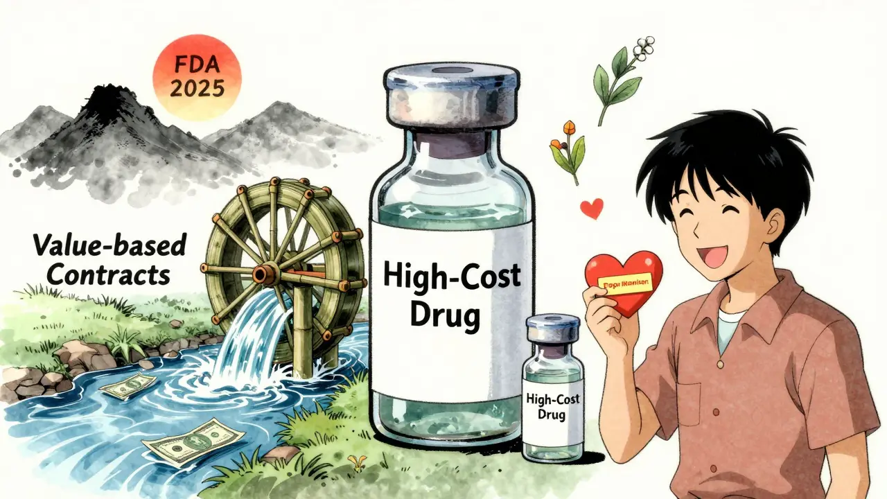 A balanced scale between expensive and biosimilar drugs, with a copay token and value-based contract waterwheel.