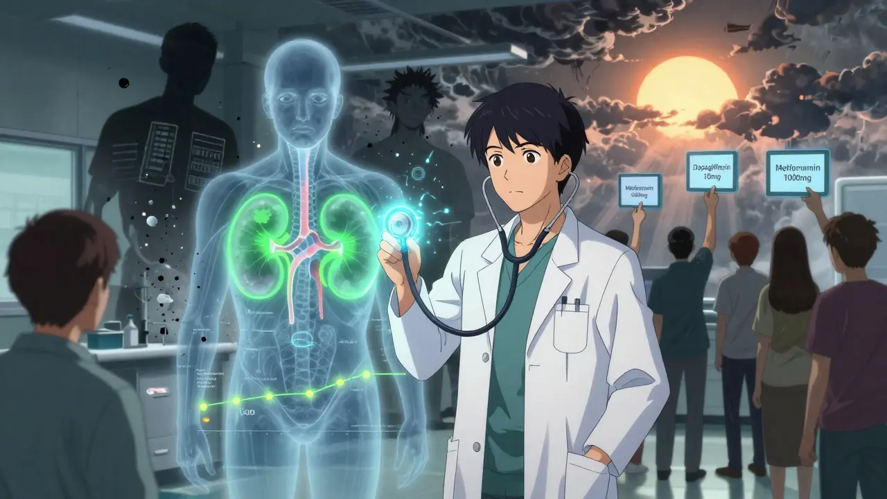 A doctor holding a stethoscope projecting a kidney health timeline, with patients reaching for life-saving tablets under a rising sun.