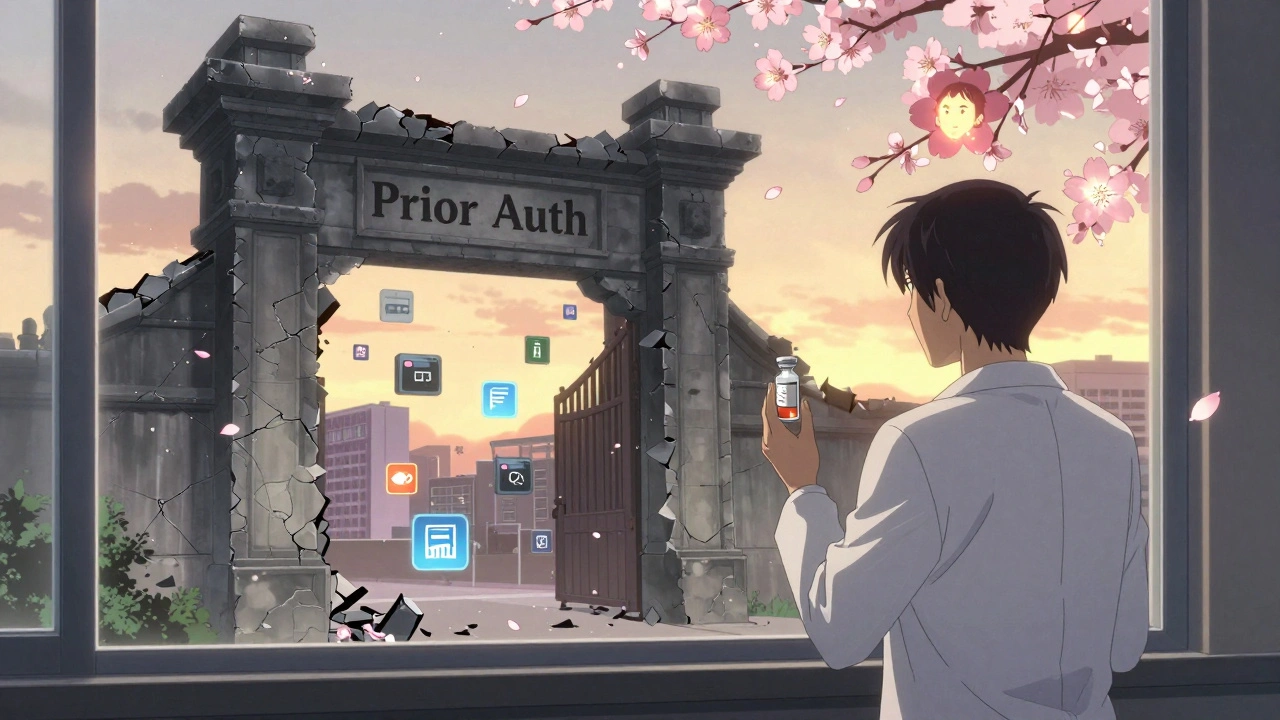 A doctor watches as a bureaucratic gate crumbles, replaced by digital approval icons and drifting cherry blossoms symbolizing hope.