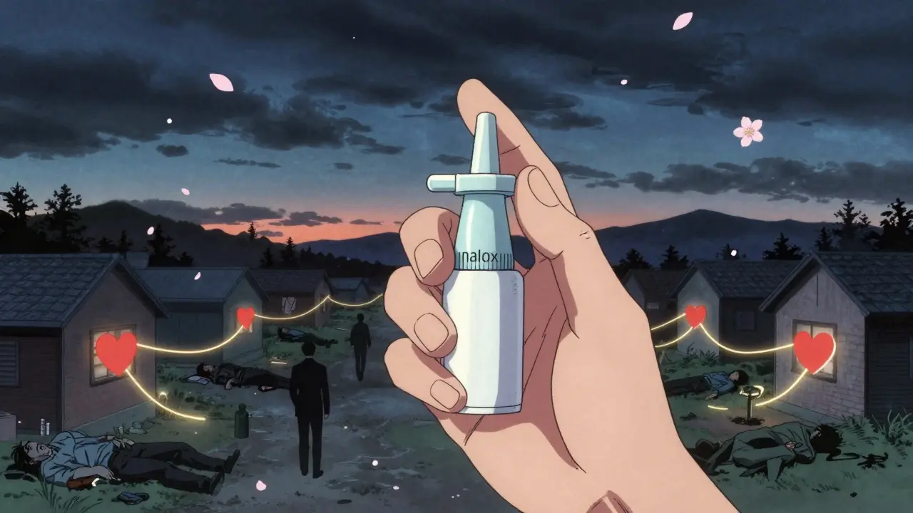 A hand holding naloxone against a twilight sky, with golden threads connecting to hearts and falling cherry blossoms.