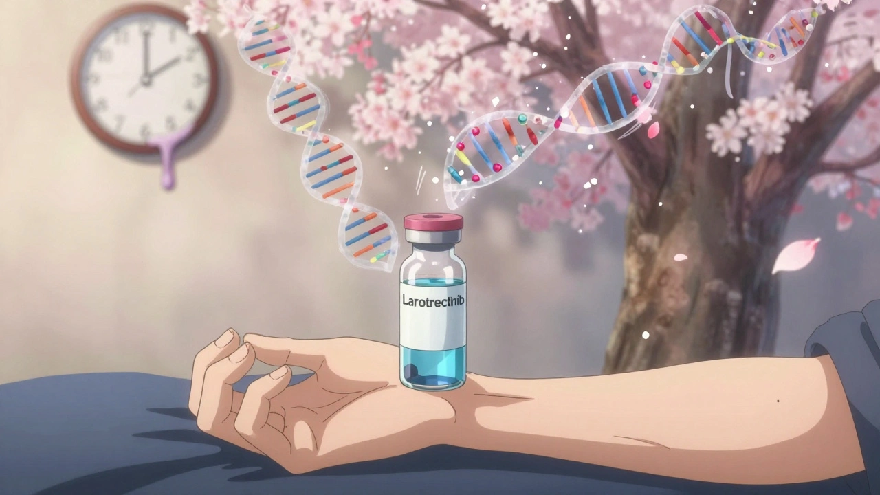 A liquid biopsy vial releasing DNA strands that form treatment pathways like cherry blossoms, with a melting clock.