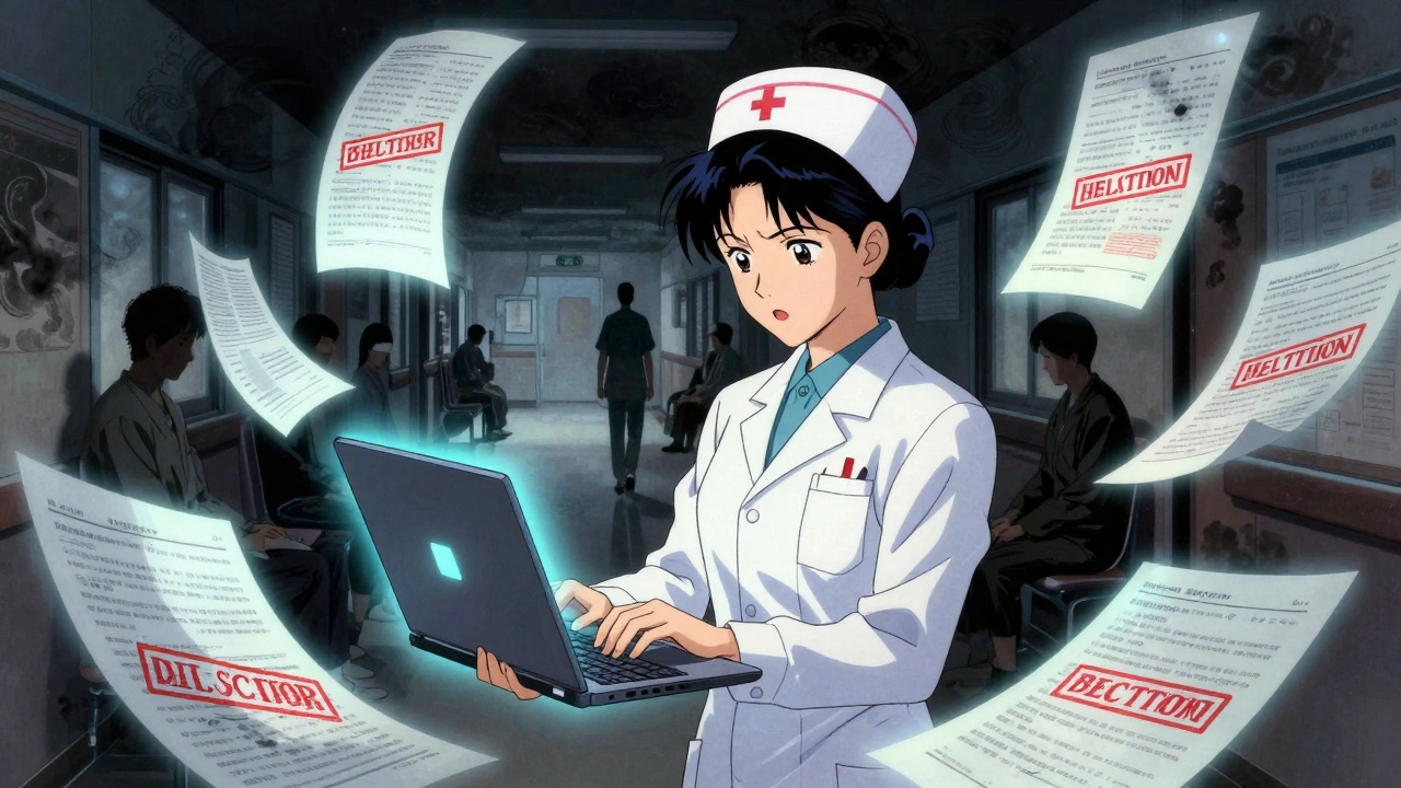 A nurse is overwhelmed by floating denial letters and paperwork, with patients waiting in shadowy corridors behind her.