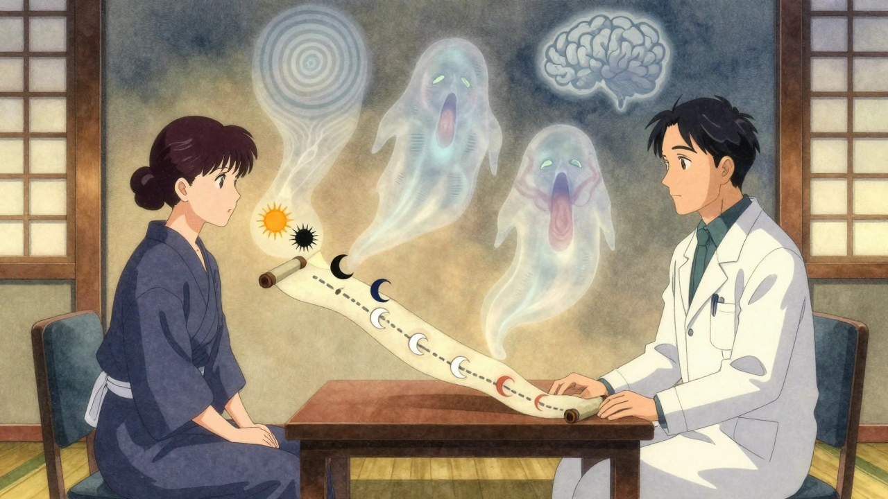 A patient and doctor reviewing a tapering timeline scroll in a lantern-lit room, withdrawal symptoms fading away.