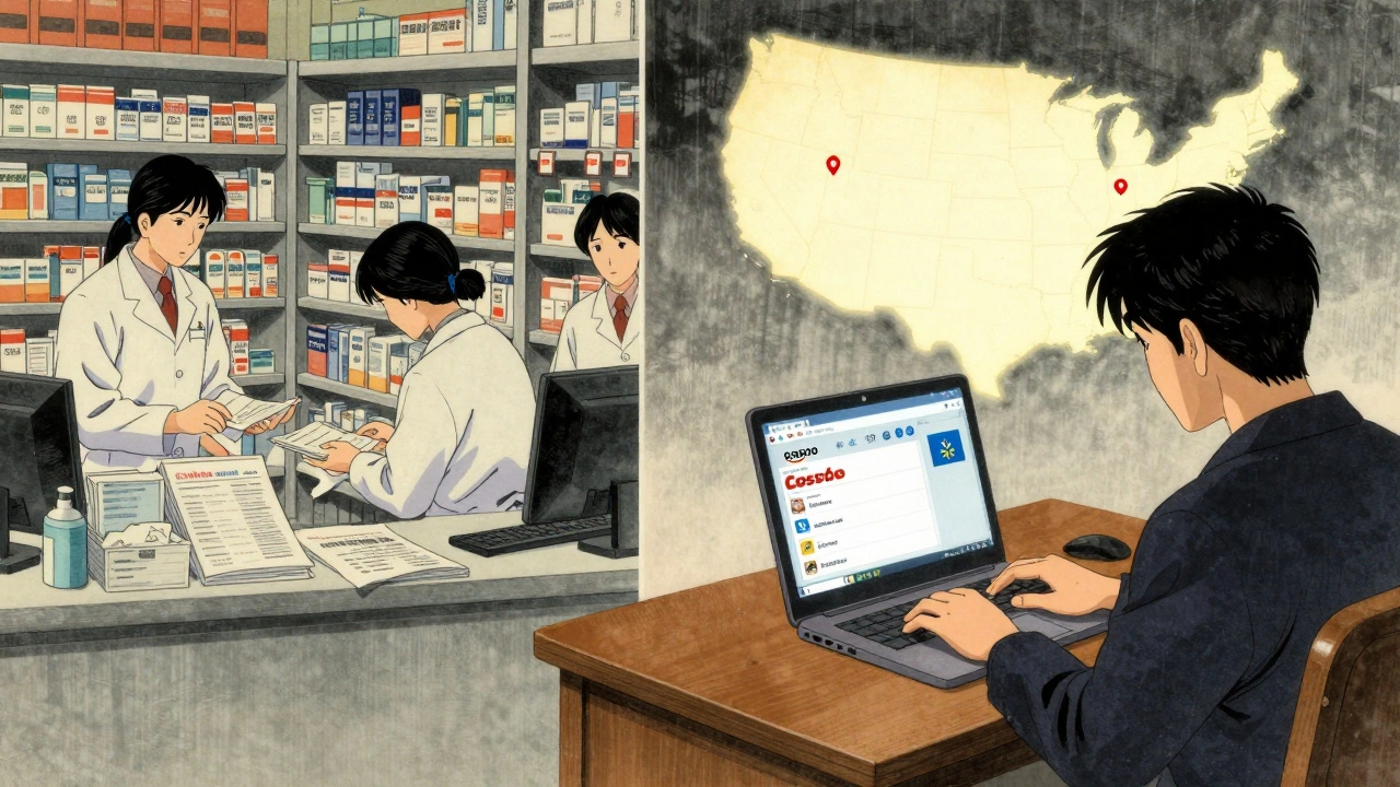 A person compares drug prices on four websites at home, a map behind them shows missing specialty medications.