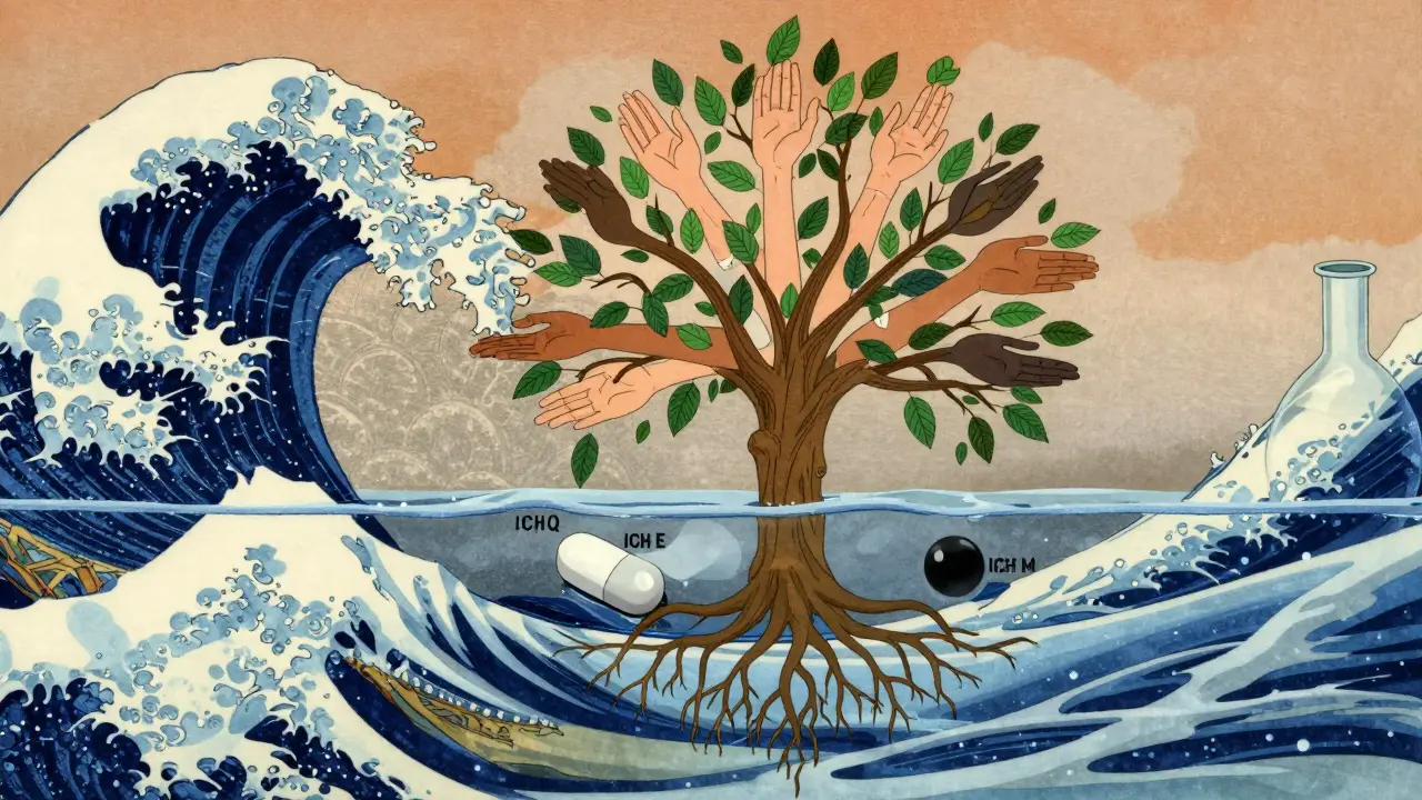 A pill dissolving into a tree with roots labeled ICH guidelines, representing unified quality, safety, efficacy, and multidisciplinary standards.