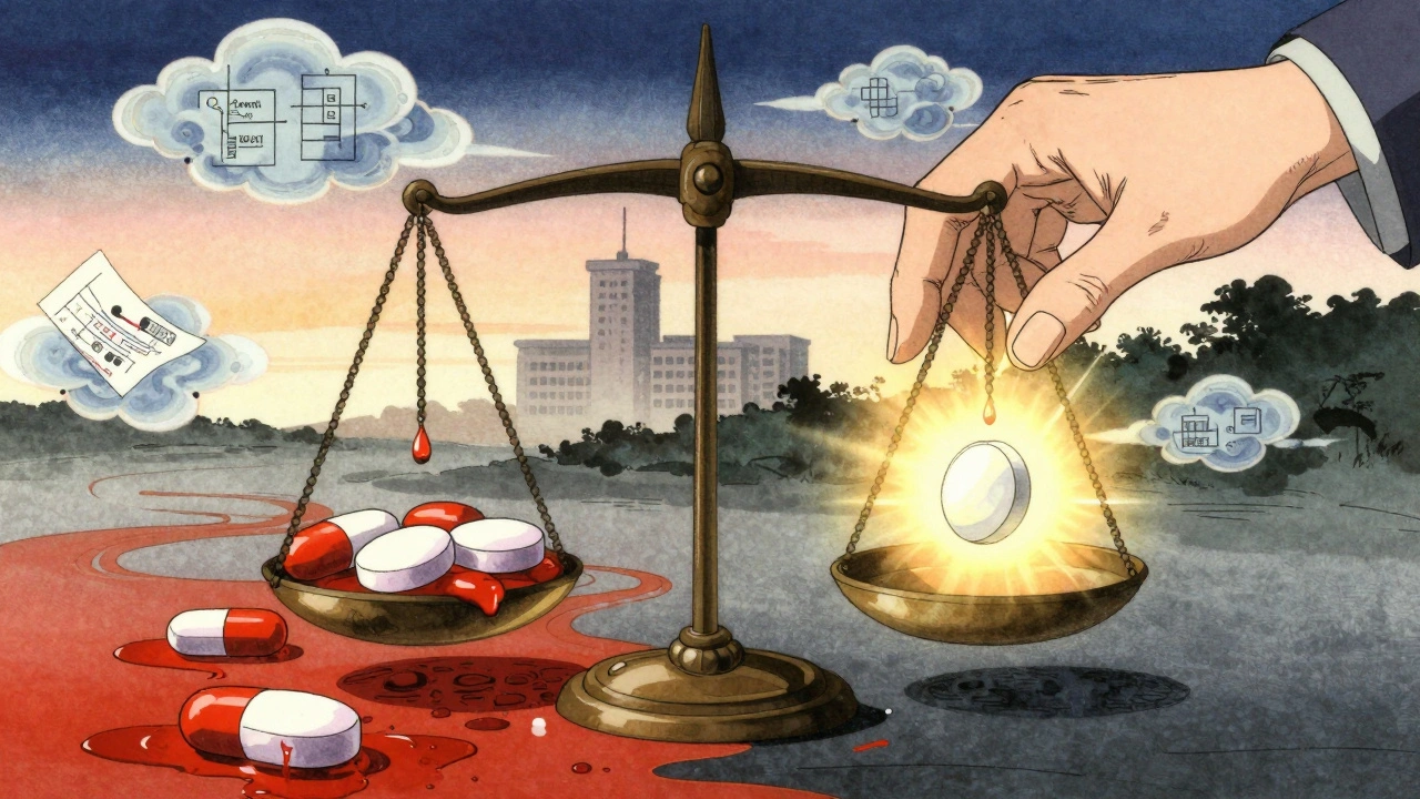 A scale balancing dangerous blood thinners against a safe alternative, under a twilight sky.