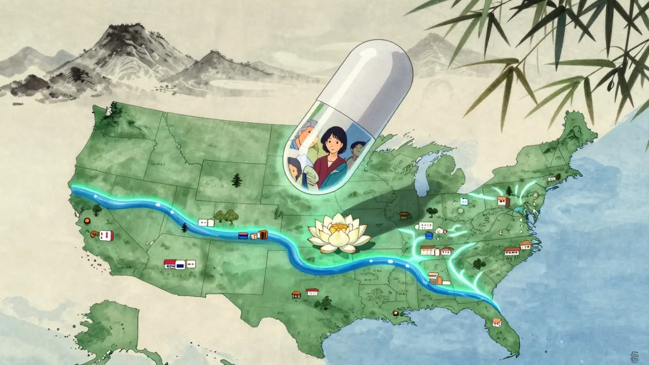 A single pill floats above a map of the U.S., with faces of diverse recipients reflected on its surface.