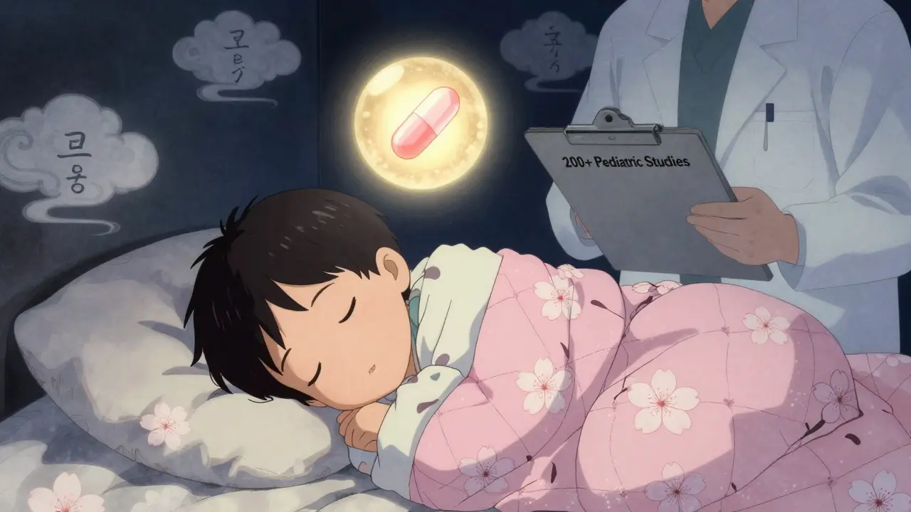 A sleeping child with a glowing cetirizine pill above, surrounded by cherry blossoms and medical symbols of safety.