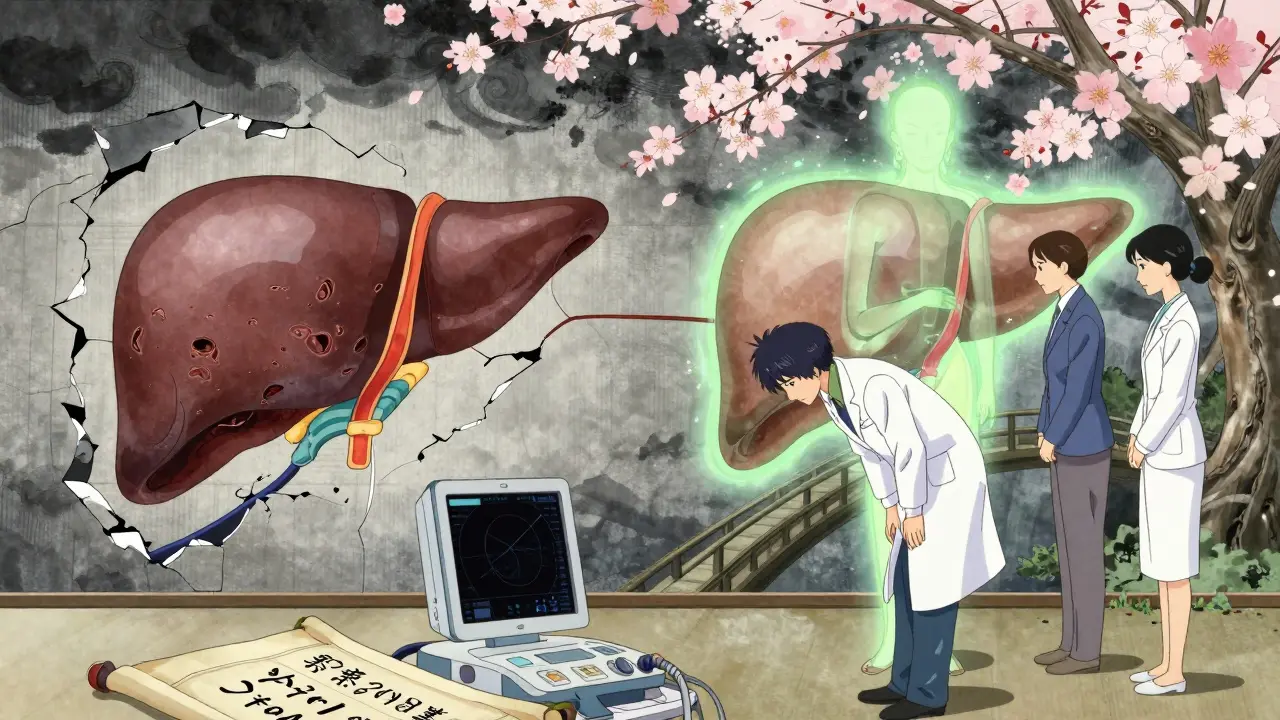 A split liver scene: damaged on left, healed on right, connected by cherry blossoms, with medical tools as sacred scrolls.