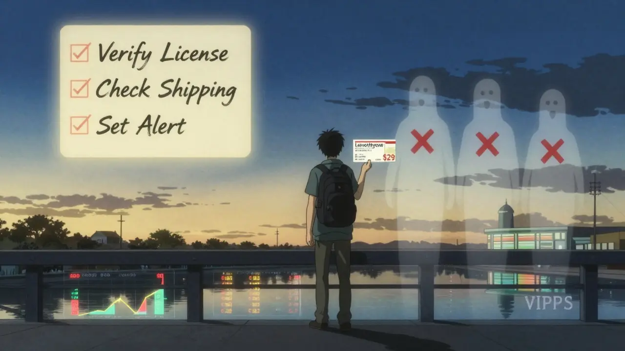 A traveler holds affordable medication at dusk, with ghostly overpriced purchases fading behind them and a glowing safety checklist in the sky.