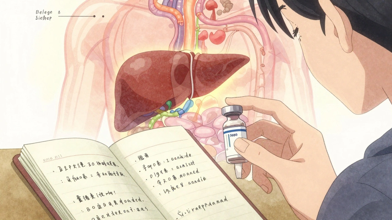 A woman&#039;s hands holding weight-loss medication beside a journal, with glowing internal health changes in watercolor style.