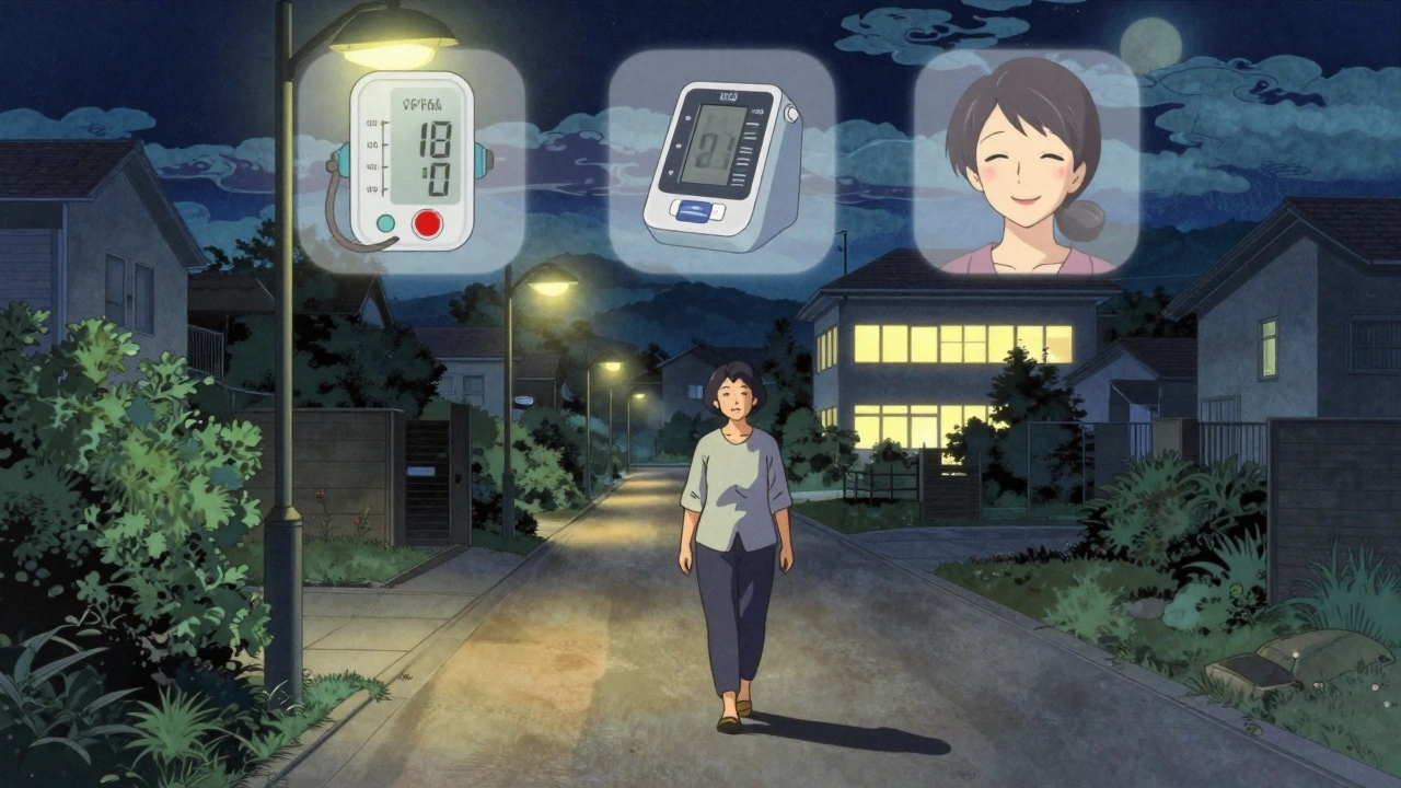 A woman walking at night with floating health icons above her, symbolizing improved well-being under soft moonlight.