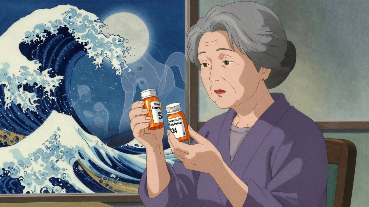 An elderly woman holds two pill bottles, one marked  copay, the other  cash, with a fading PBM ghost behind her.