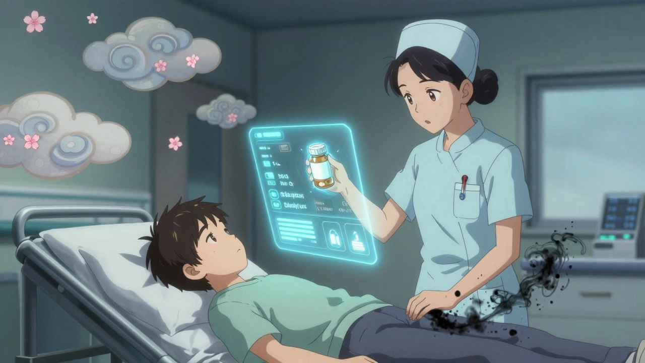 Child in hospital receiving treatment, nurse holding pill bottle with glowing data overlay, serene emergency room setting.